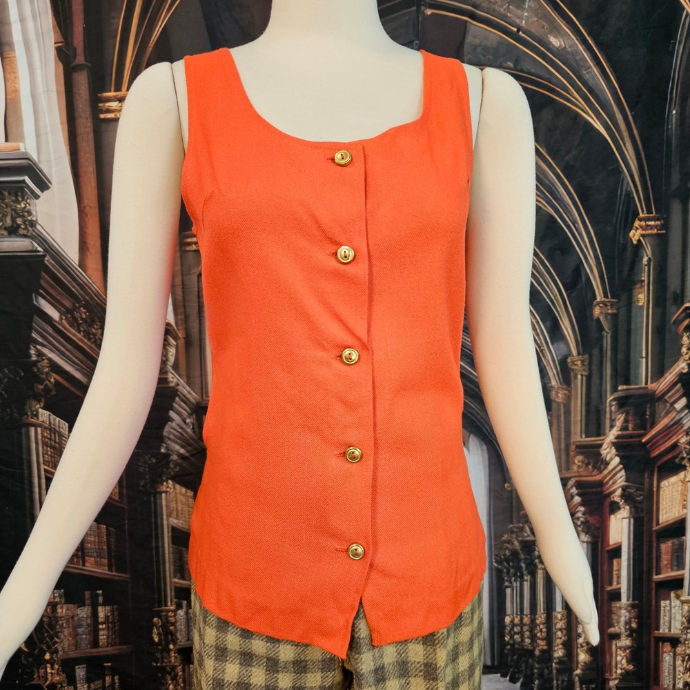 Vintage 1960s Russ Girl Orange Button Front Sleeveless Top Tie Back Vest